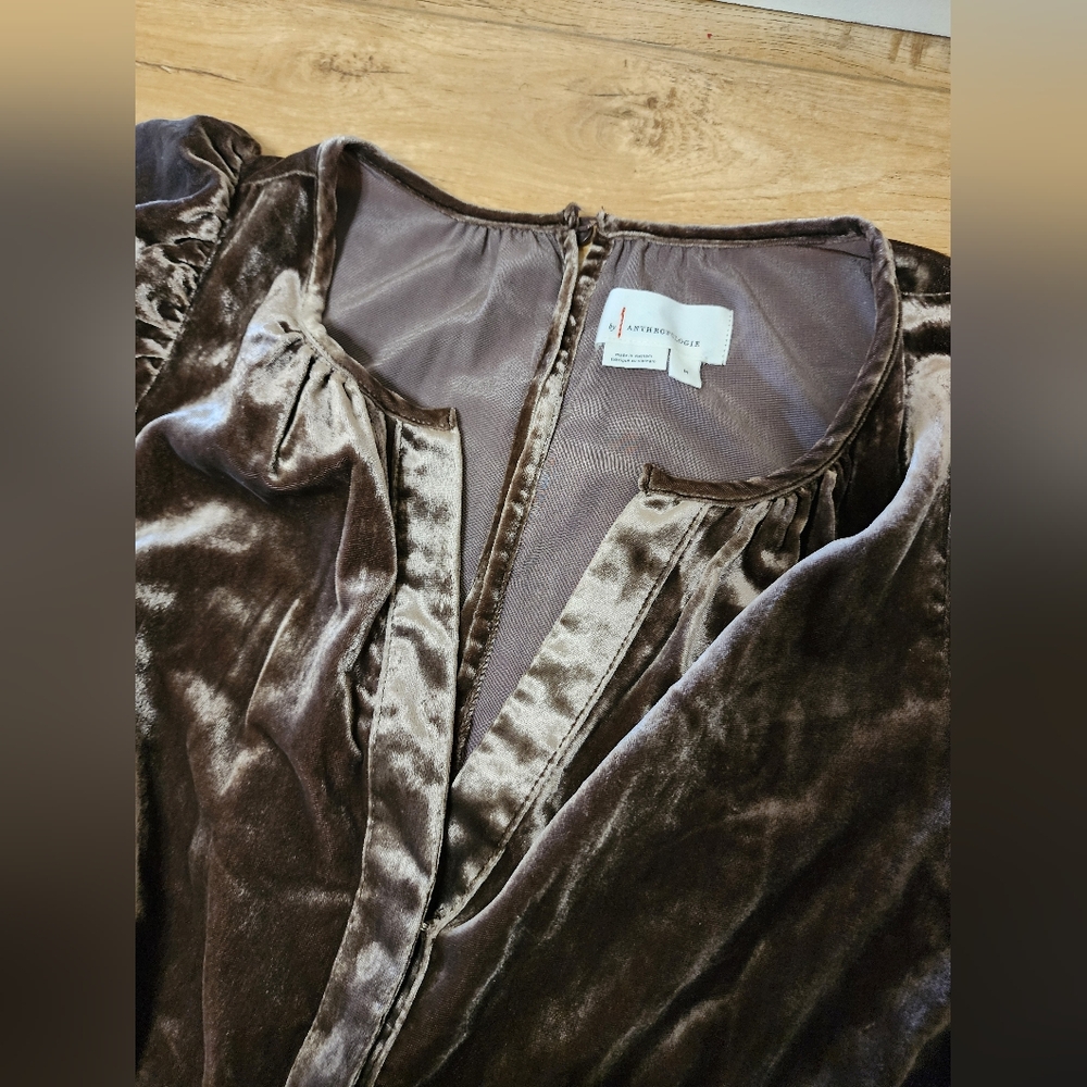 $188 Anthropologie Somerset Jumpsuit Velvet Short Sleeve Wide Leg Brown Gold M - Picture 6 of 11